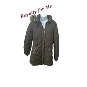 Royalty For Me Black Winter Coat w/Faux Fur Trimmed Hood Sz. M